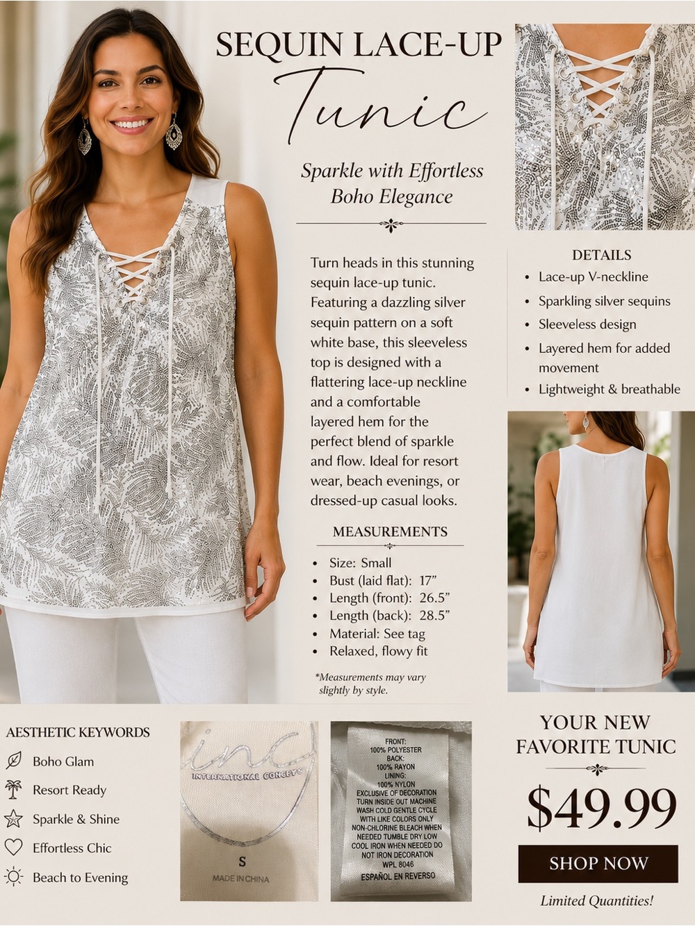 INC International Concepts White Tank Top with Silver Sequin Overlay
